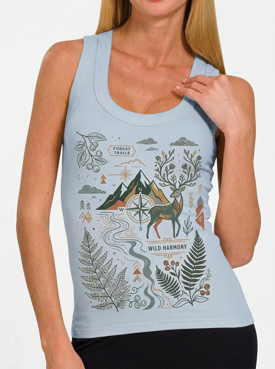Women's Nature Lover Forest Deer Compass Printed Tank Top