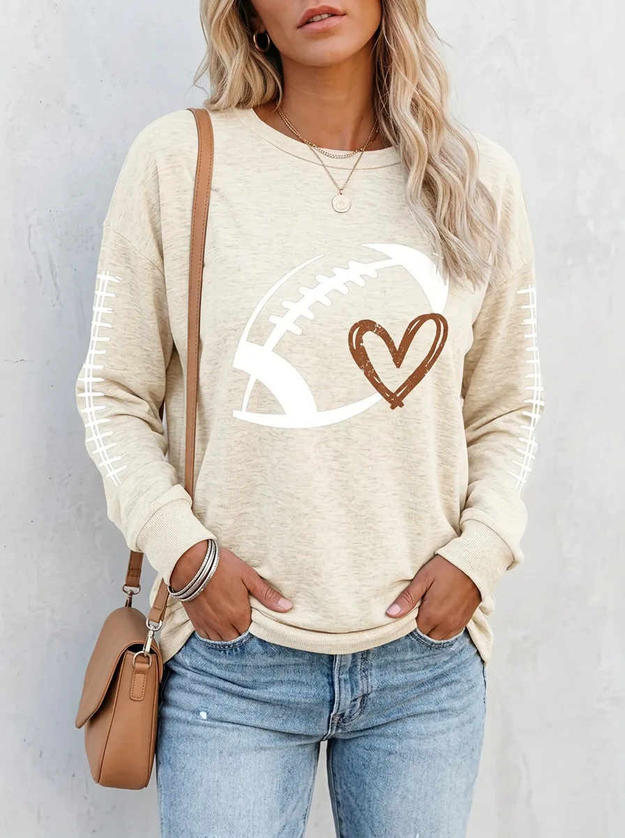 Women's Retro Inspired Gridiron Heart Ball Crewneck Long Sleeve T-Shirt