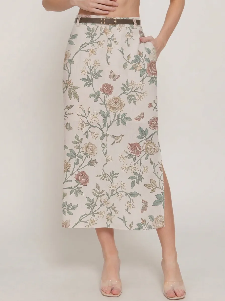 Women's Side-Pocket Floral Butterfly Botanical Printed Midi Skirt
