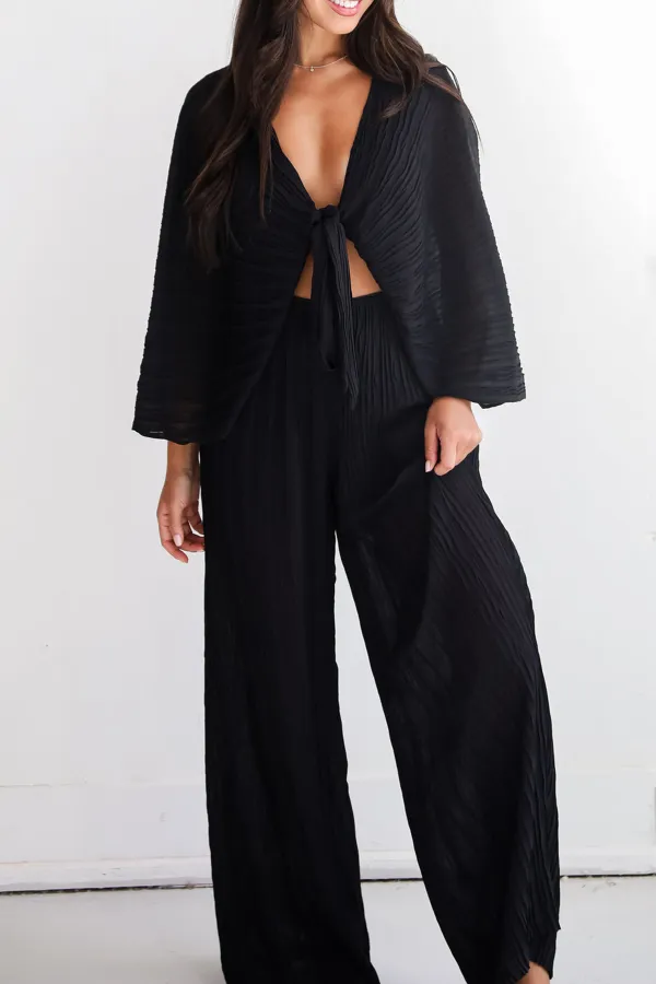 Black Pleated Tie-Front Blouse