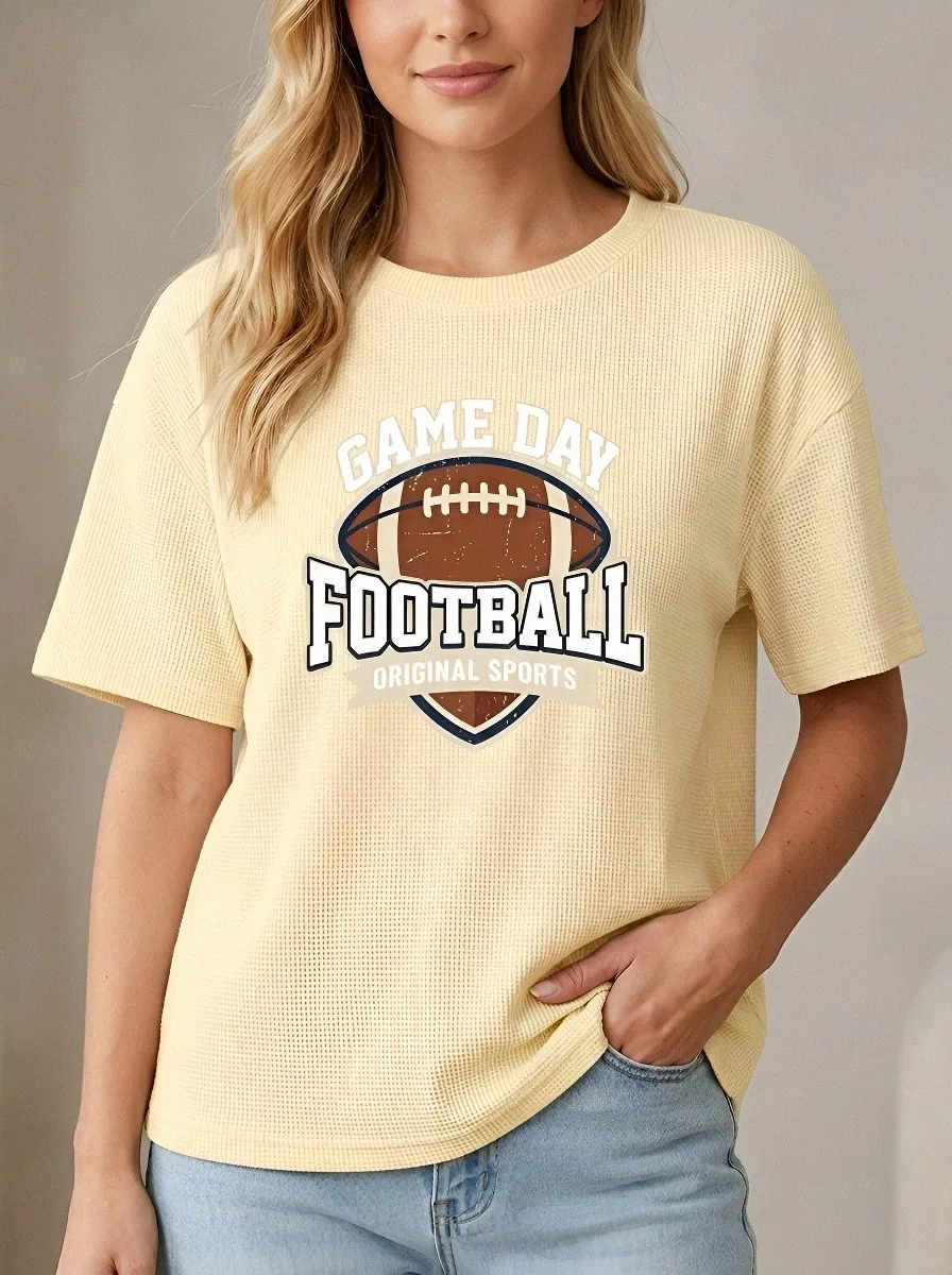 Women's Football Lover Game Day Graphic Printed Waffle T-Shirt