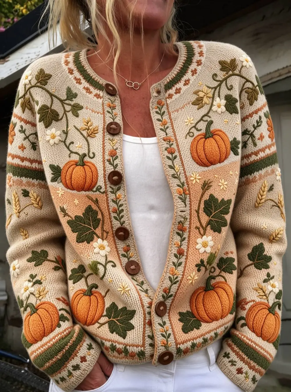 Women Pumpkin Vine Daisy Embroidery Knit Cardigan