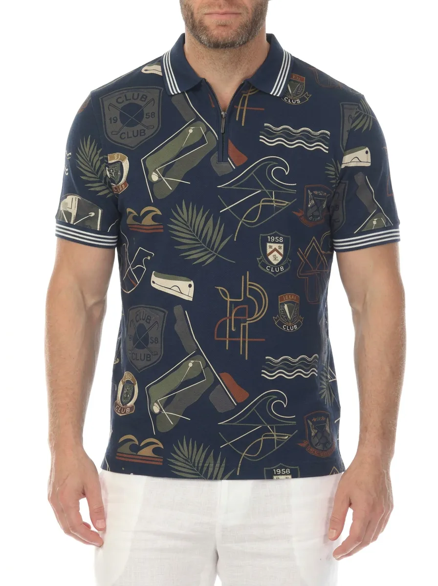Men's Golf Club Tropical Palm Printed Zip Polo Shirt