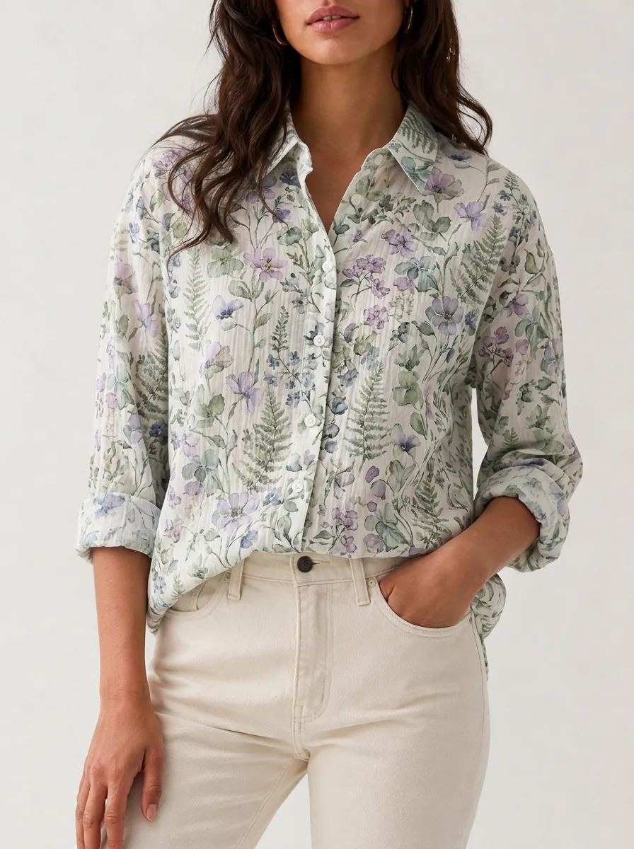 Women's Botanical Garden Floral Fern Printed Button-Up Shirt