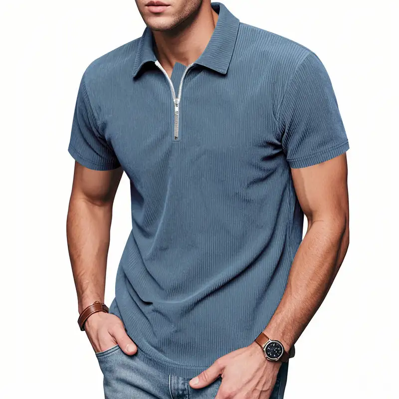 Ribbed Half Zip Short Sleeve Jersey Polo Shirt