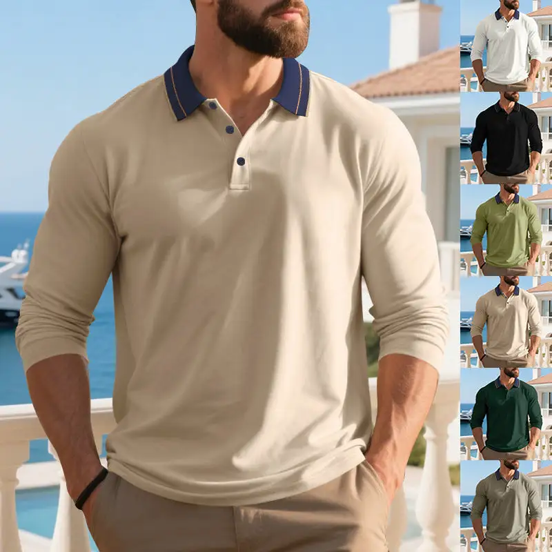 Contrast Trim Long Sleeve Fitted Cotton Polo Shirt