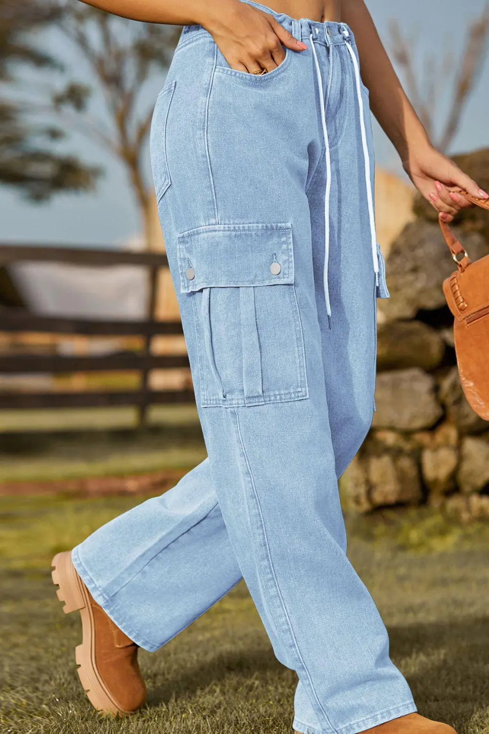 Loose Fit Drawstring Pocket Denim Jeans