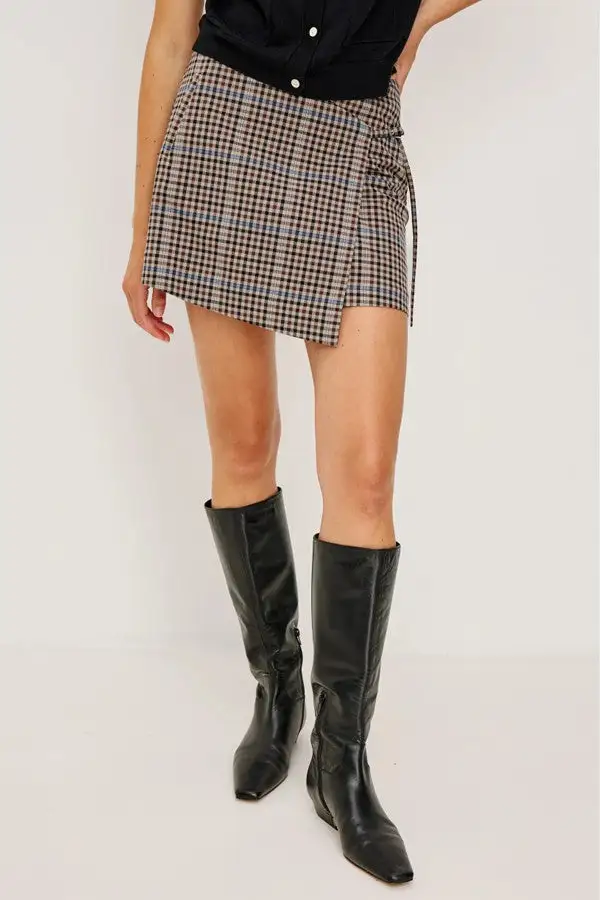 Women's Neutral Houndstooth Wrap Mini Skirt