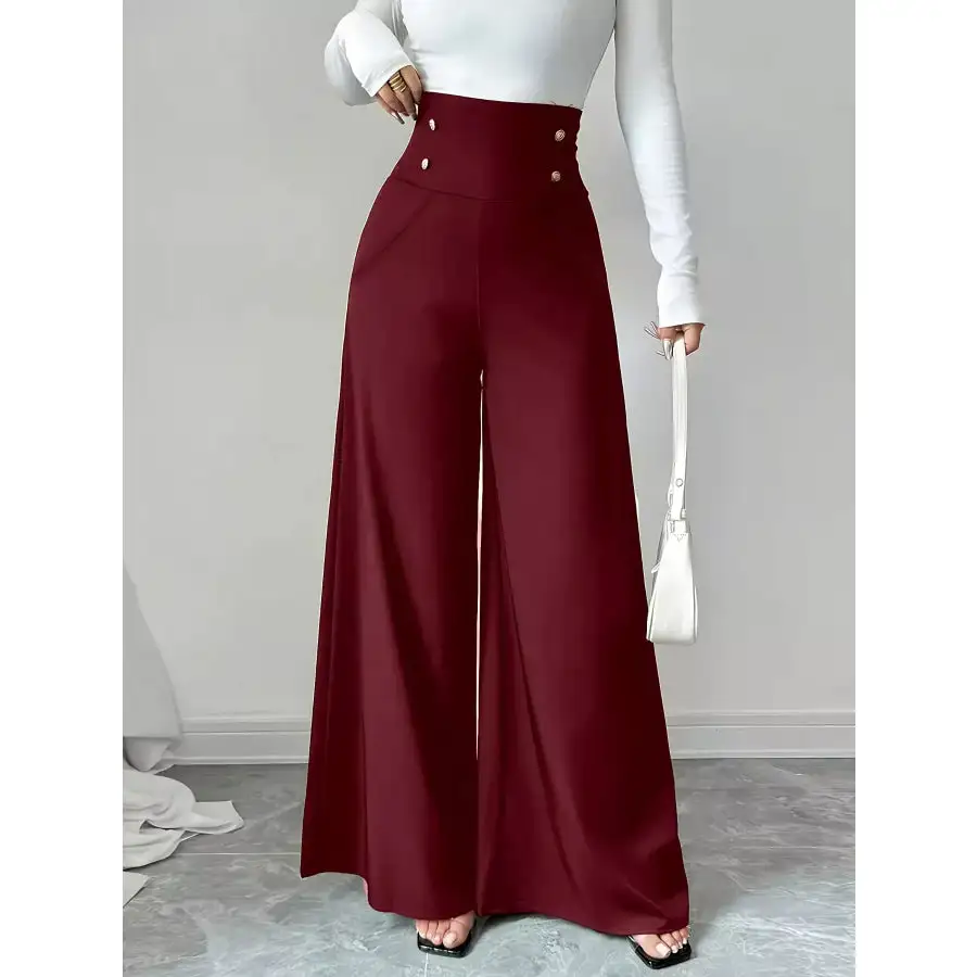 High Waist Wide Leg Button Decor Pants