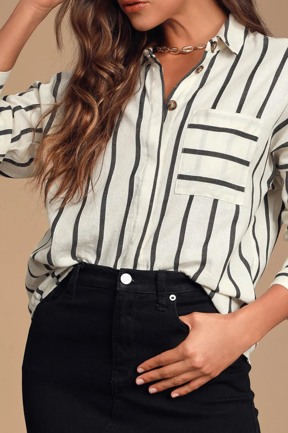Casual Style Off-White Striped Long Sleeve Button-Up Top