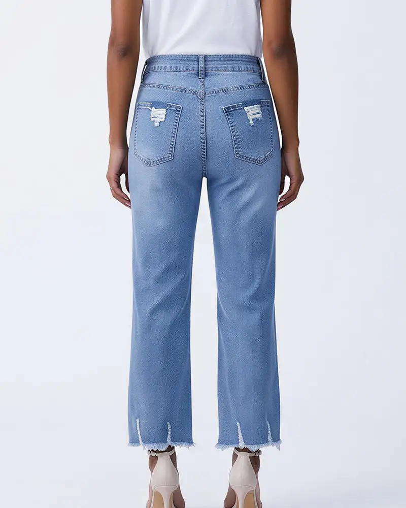 Distressed Cropped Raw-Hem Straight Jeans