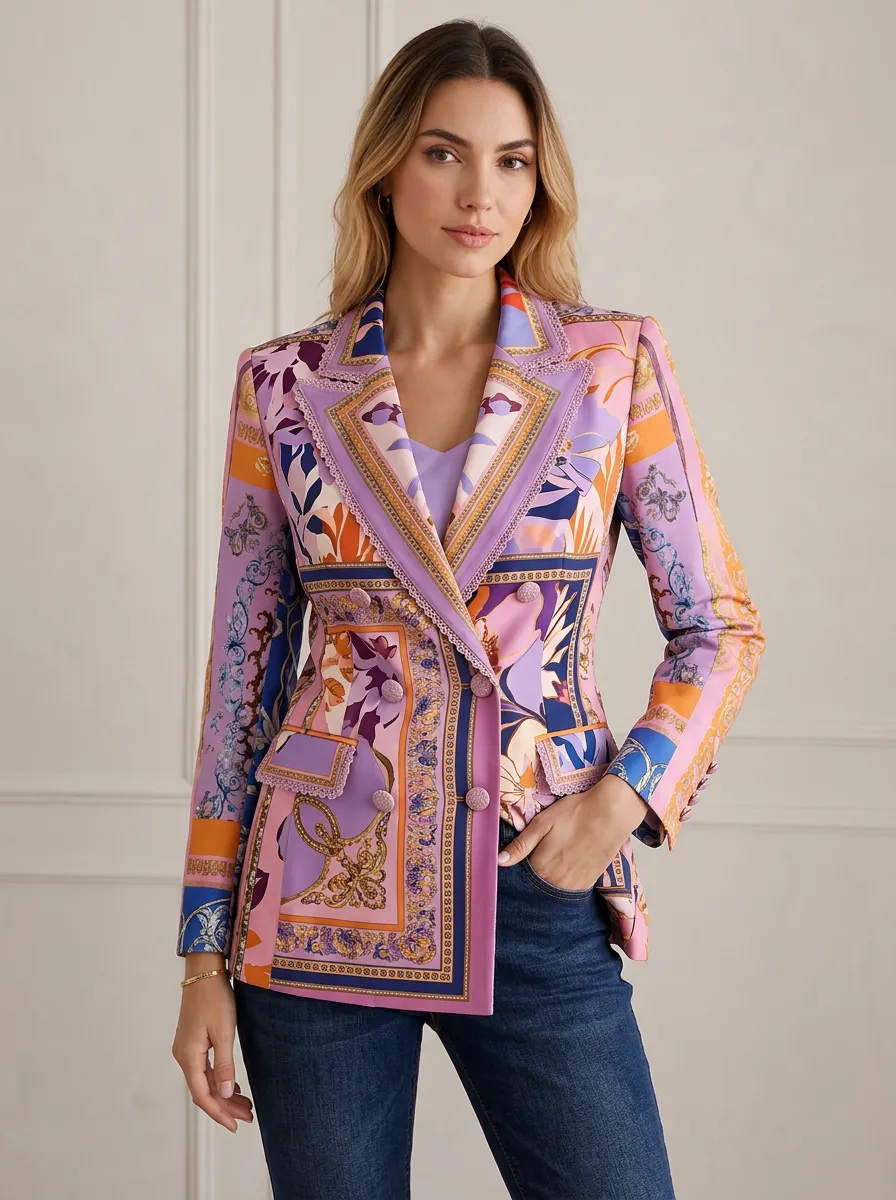 Women's Vintage Floral Baroque Printed Double Breasted Blazer