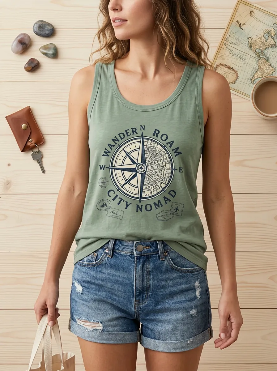 Women's Travel Lover Compass Map Printed Tank Top