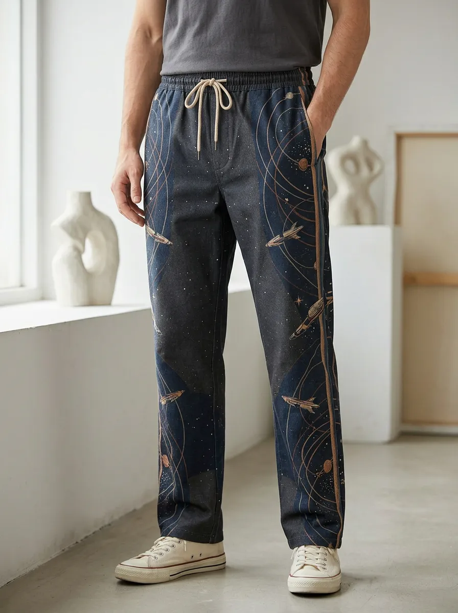 Men's Space Galaxy Rocket Printed Drawstring Pants