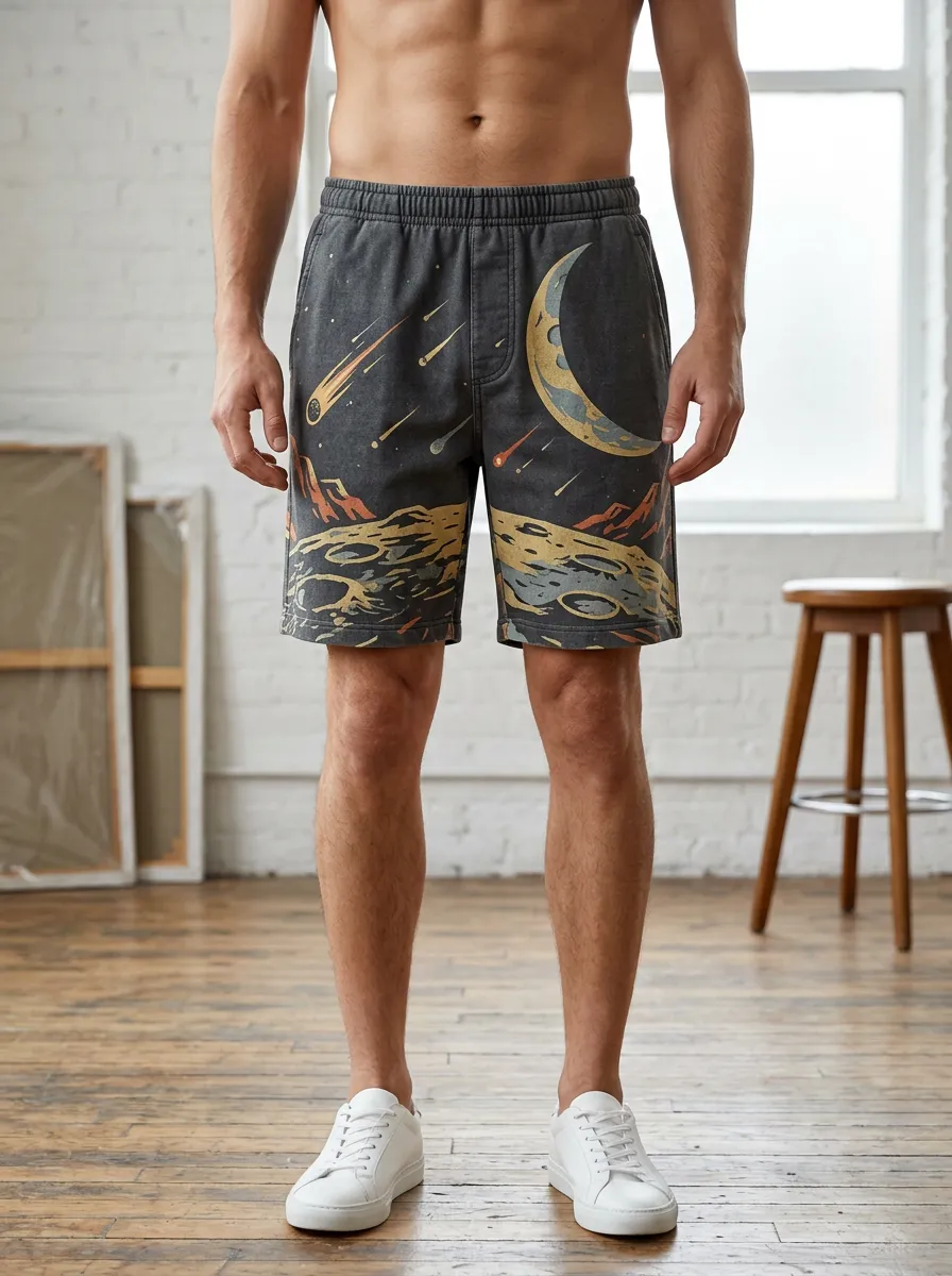 Men's Space Astronomy Moon Comet Elastic Waist Shorts