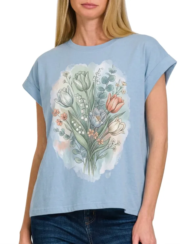 Women's Floral Lover Watercolor Tulip Lily Printed T-shirt