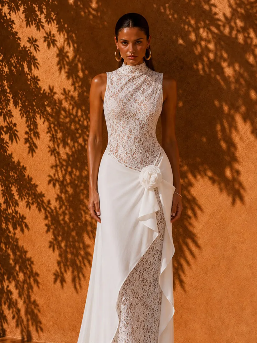 Paisley Floral Lace and Mesh Maxi Dress