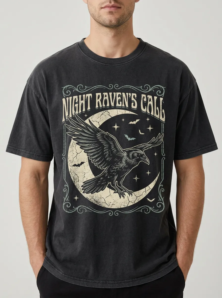 Men's Halloween Gothic Raven Moon Printed T-shirt