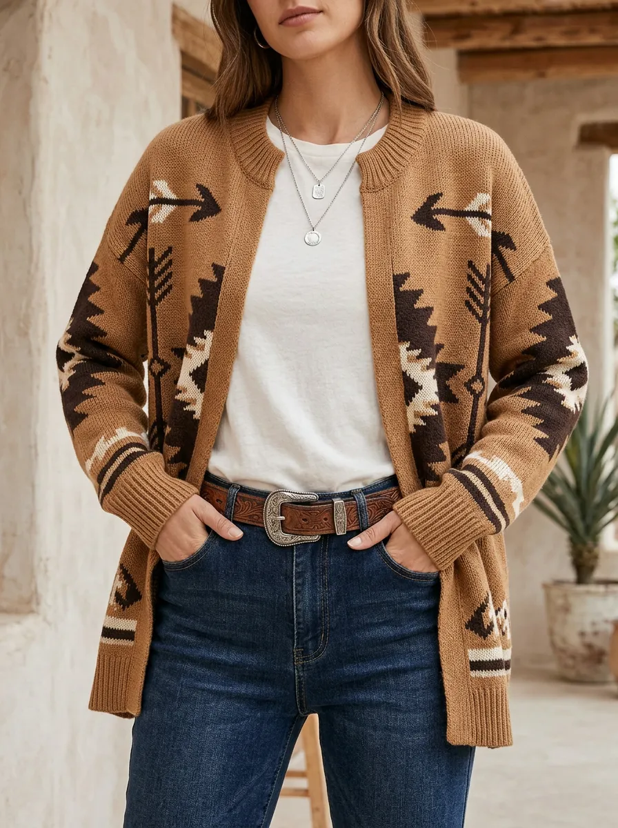 Women's Western Boho Arrow Pattern Knitted Cardigan
