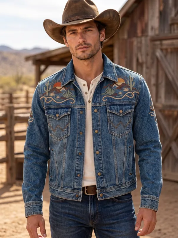 Rodeo Heritage Cactus Desert Mountain Silhouette Men's Western Jacket