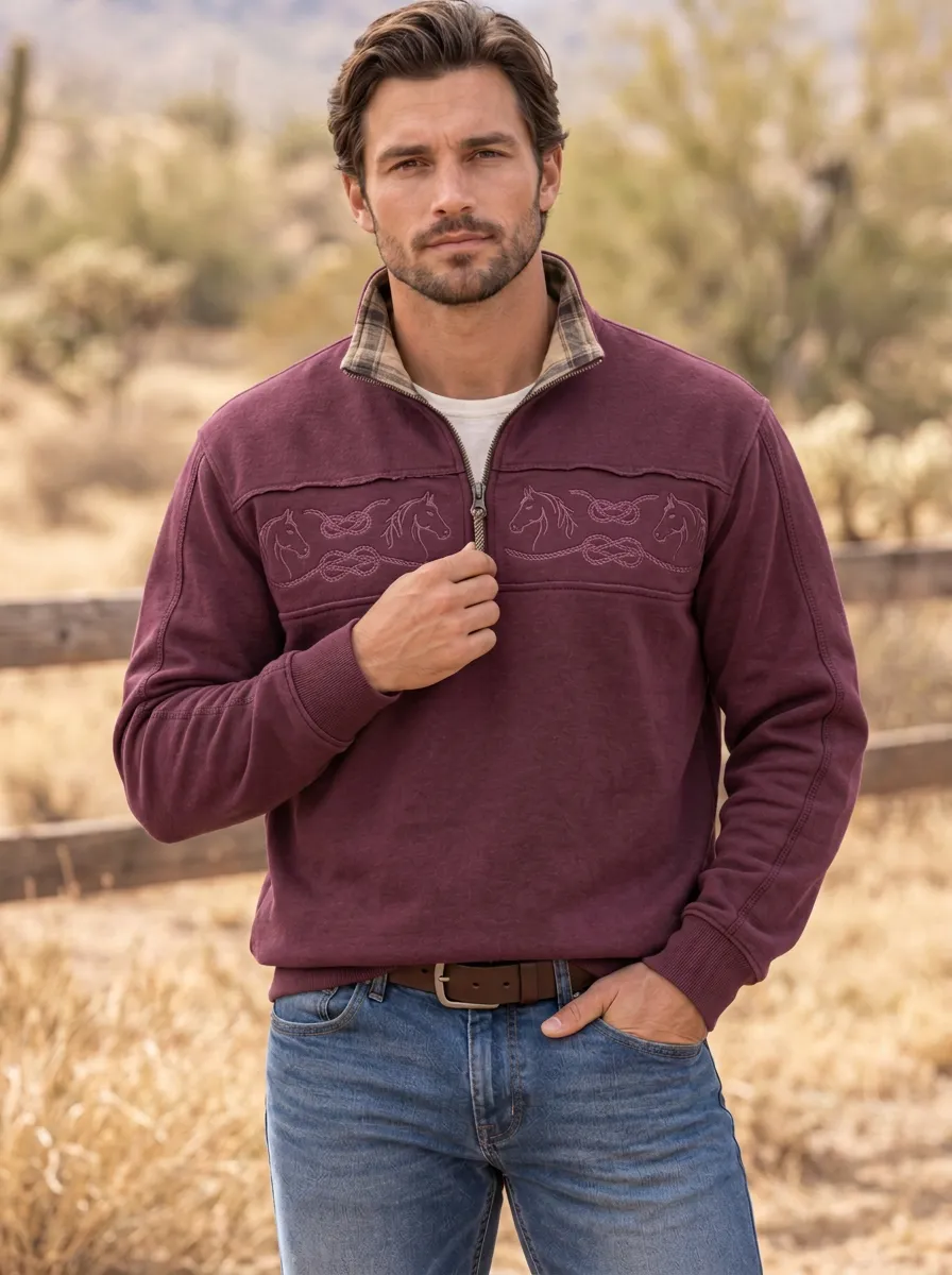 Men's Western Cowboy Horse Rope Embroidered Quarter-Zip Sweatshirt