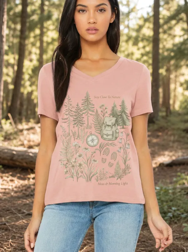 Women's Hiking Nature Lover Backpack Compass Printed V-neck T-shirt