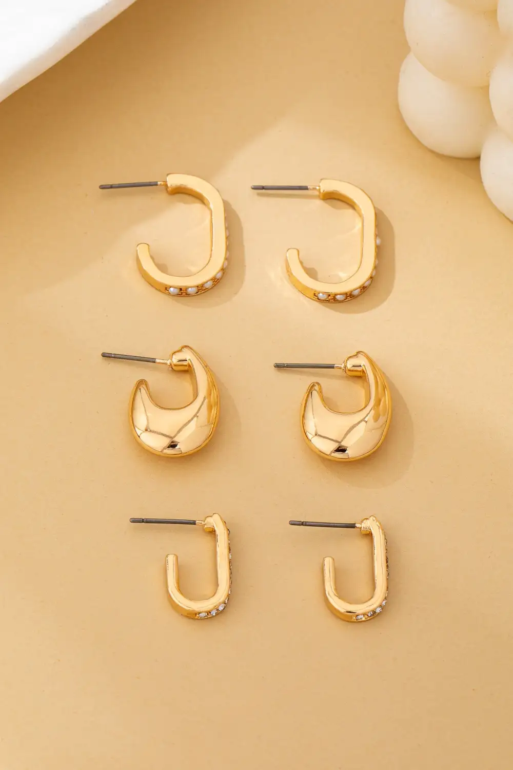 Rhinestone Pearl Huggie Hoop Trio