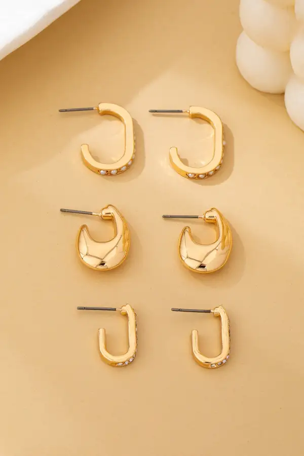 Rhinestone Pearl Huggie Hoop Trio