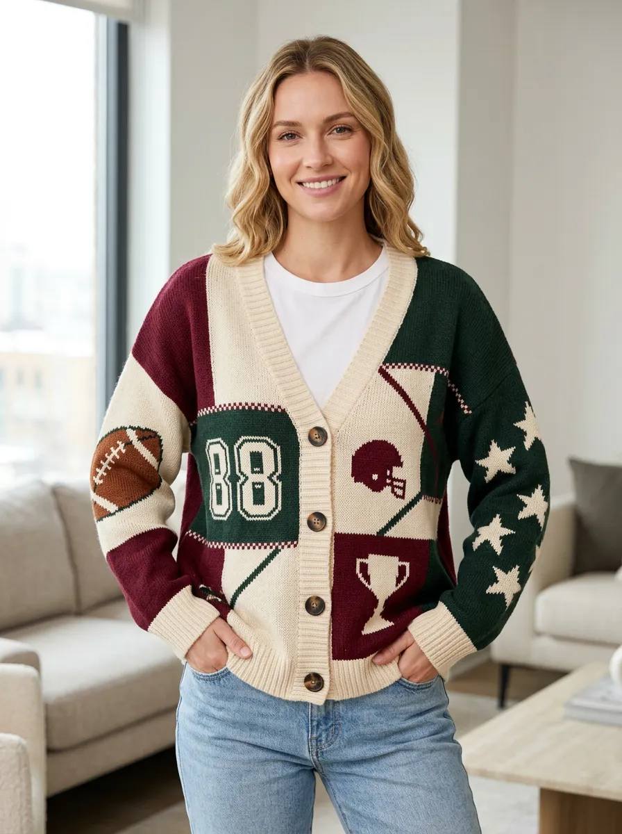 Women's Touchdown Inspired Helmet Football Trophy Knitted Cardigan