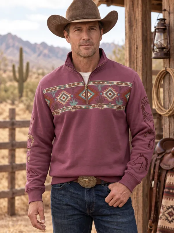 Men's Western Cowboy Southwestern Geometric Half-Zip Sweatshirt