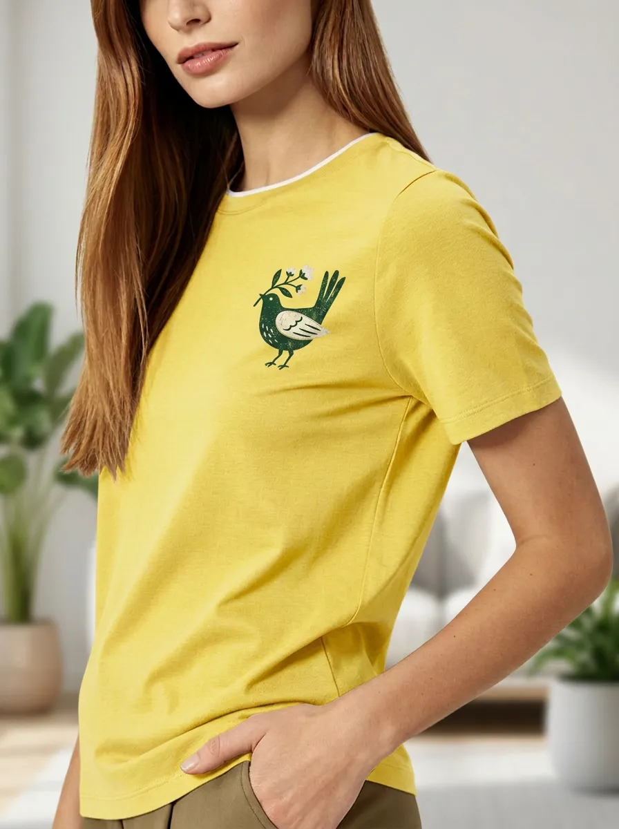 Women's Nature Lover Olive Bird Branch Printed T-shirt