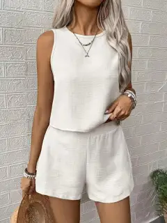 Round-Neck Lace Shorts Matching Set