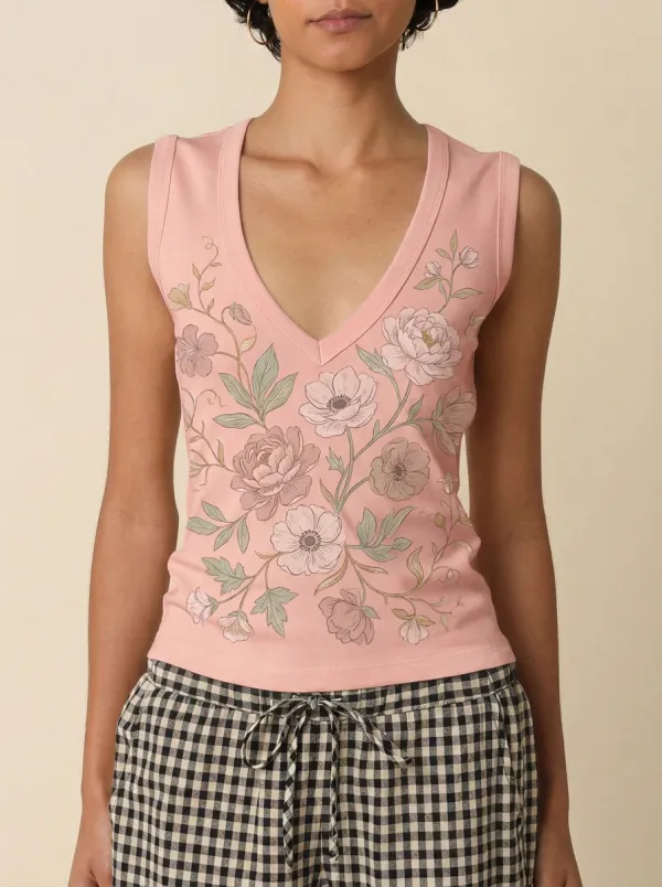 Women's Floral Botanical Garden Printed V-Neck Tank Top