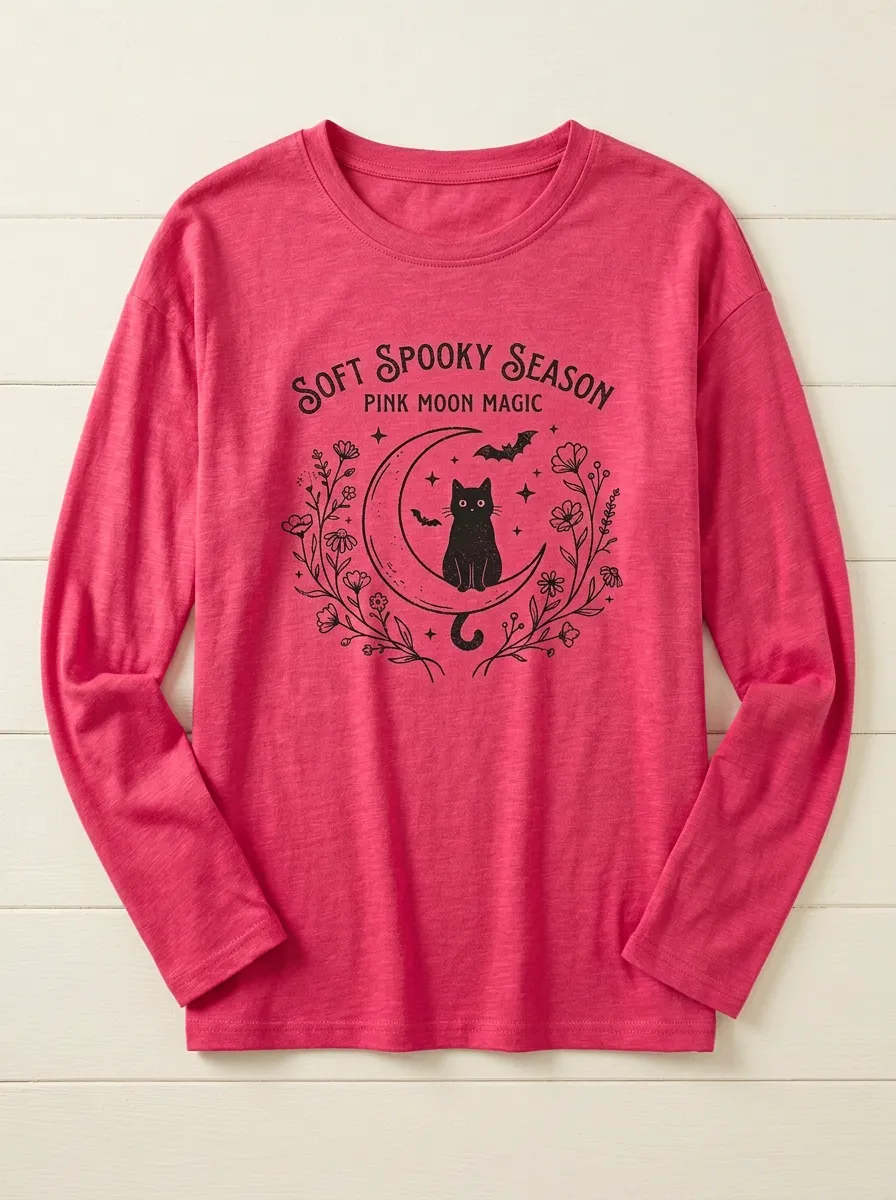 Cat Moon Floral Halloween Cotton Linen Long Sleeve Top