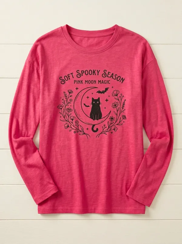 Cat Moon Floral Halloween Cotton Linen Long Sleeve Top