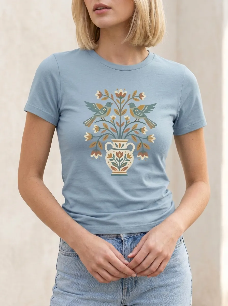 Women's Folk Art Bird and Floral Vase Printed T-shirt