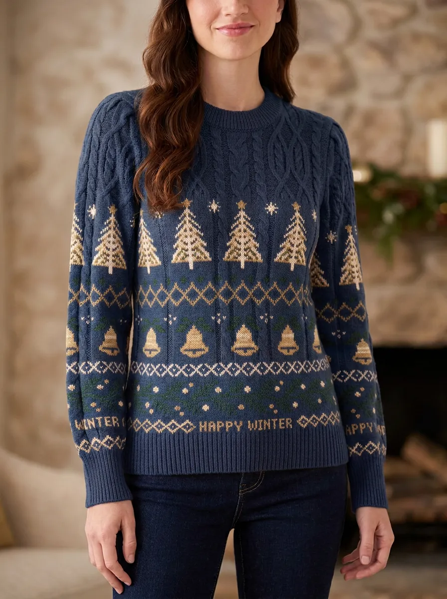 Christmas Holiday Tree Bell Pattern Knitted Sweater