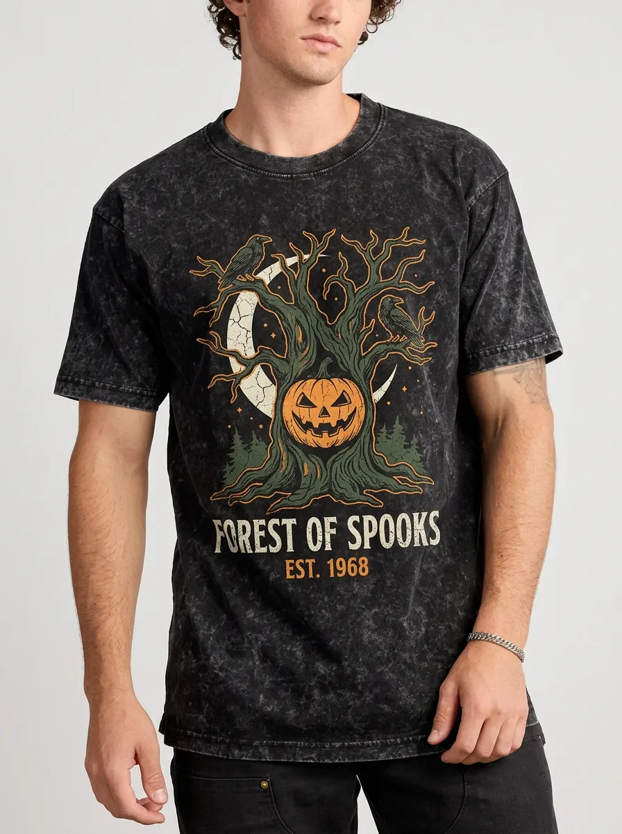 Men's Halloween Forest Pumpkin Raven Moon Printed T-shirt