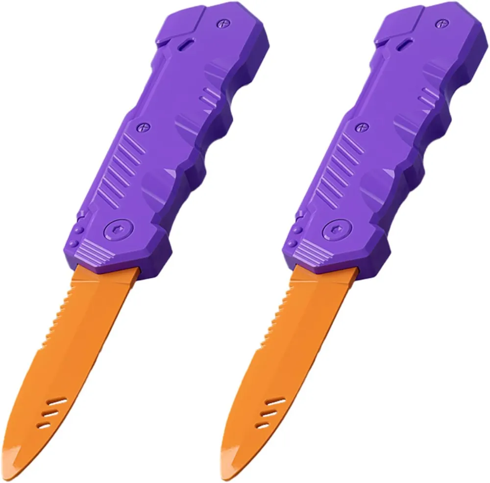 Retractable Plastic Toy Knives - 2 Pack - Safe and Fun for Kids and Adults - Great for Halloween, Cosplay, Magic Tricks and More - Green Handle Purple Blade