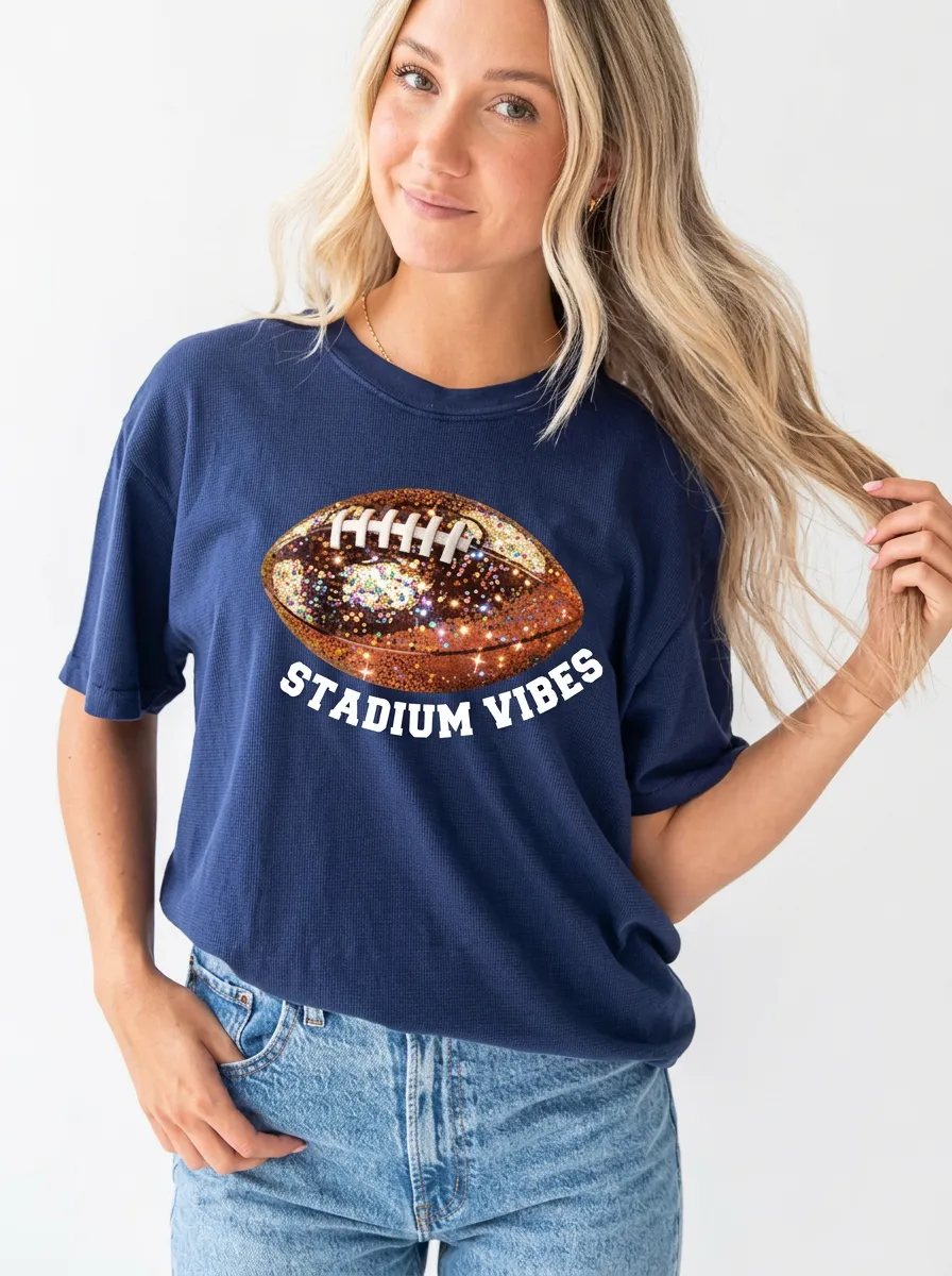 Women's Football Lover Stadium Vibes Glitter Ball Printed T-shirt