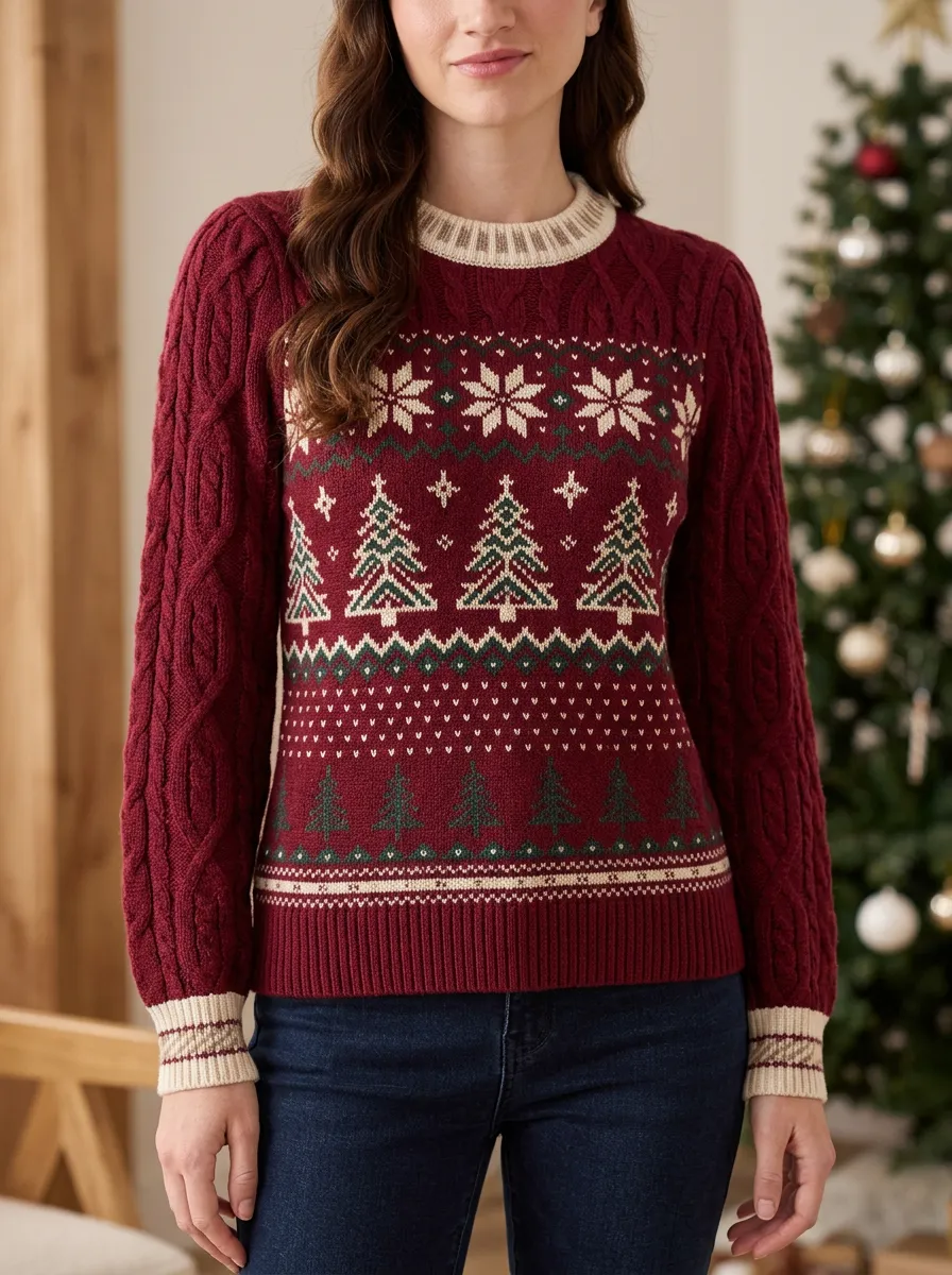 Festive Christmas Holiday Snowflake Tree Pattern Knitted Sweater