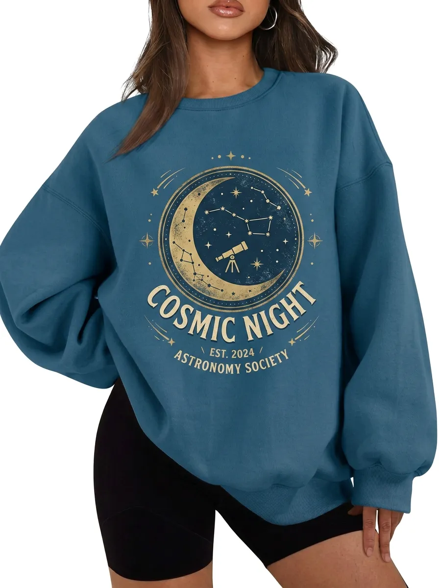 Women's Astronomy Lover Cosmic Night Moon Telescope Printed T-shirt