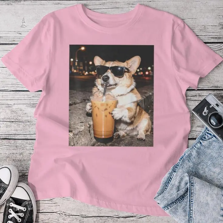 Corgi Drinking Iced Coffee Dog Meme Women T-shirt