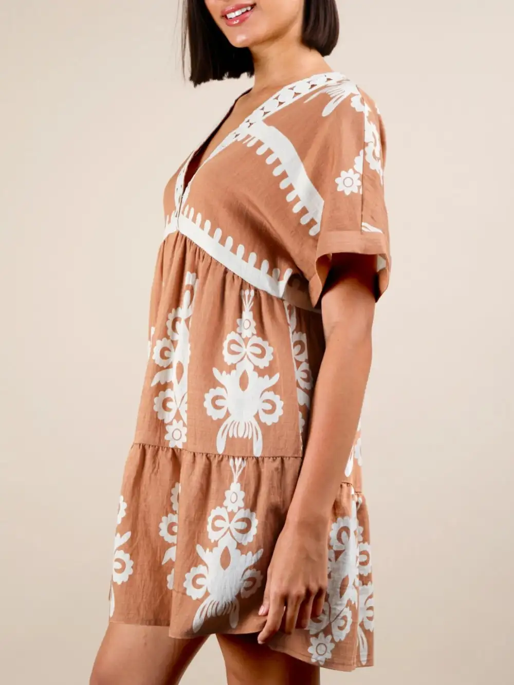 Printed V Neck Short Sleeve Mini Dress