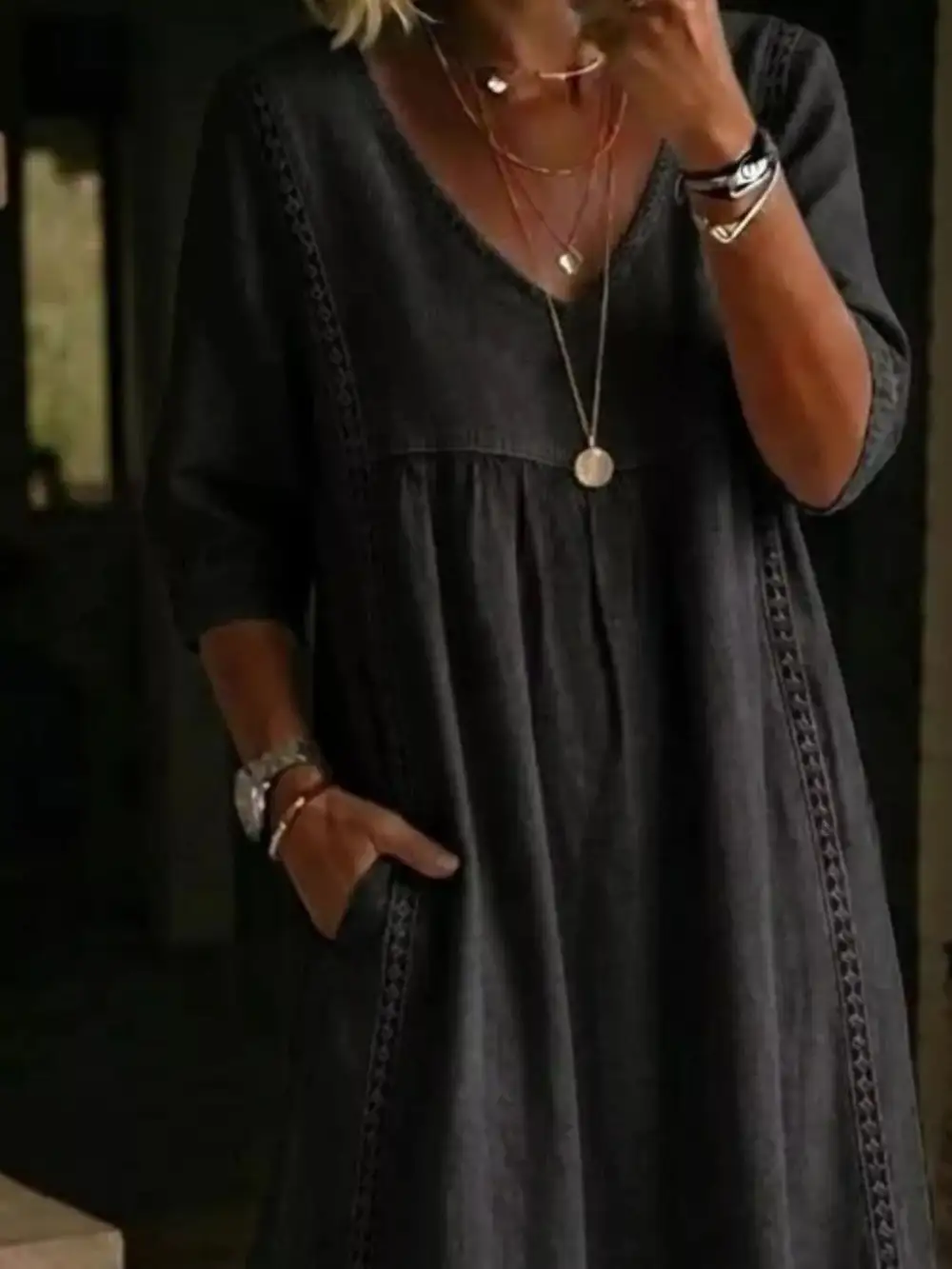 V-Neck Three-Quarter Sleeve Midi Dress