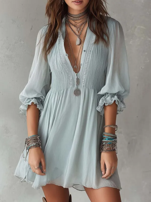 Retro Short-sleeved Ruffle Cuffs Chiffon Mini Dress