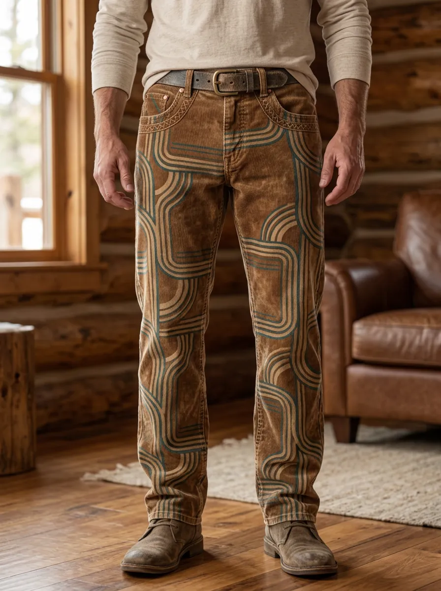 Men's Retro Style Geometric Line Pattern Printed Corduroy Pants