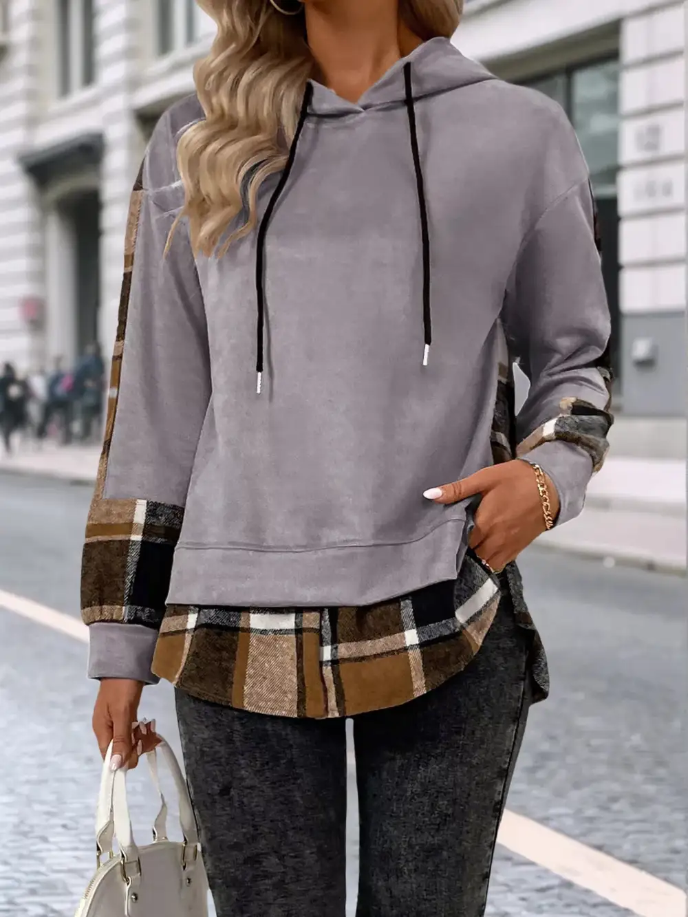 Relaxed Drawstring Long-Sleeve Plaid Hoodie