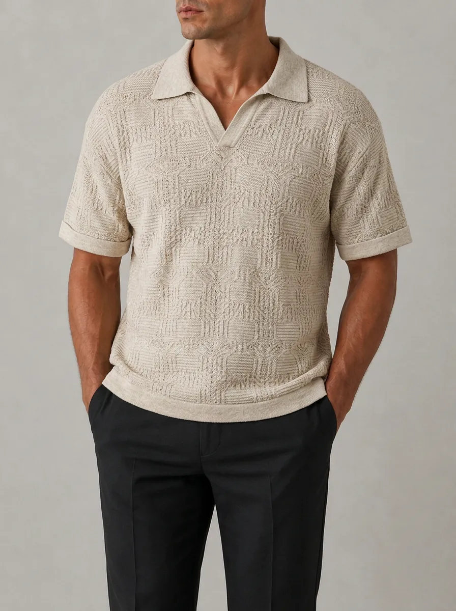 Men's Textured Knit Polo Shirt Featuring Open Collar and Short Sleeves