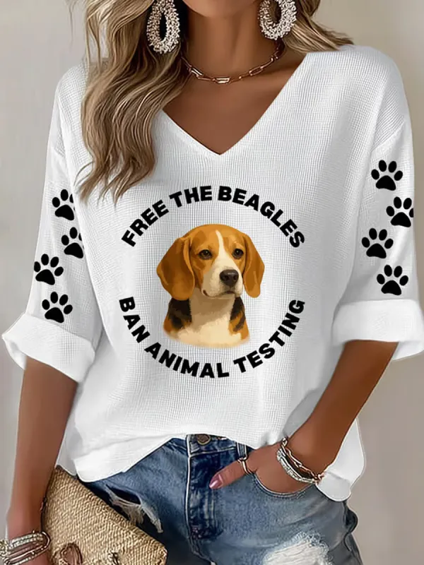 Women's Save The Beagles Print V Neck Top